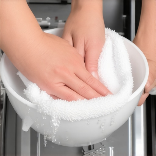 Cleaning soap residue from a dishwasher dispenser Close-up of cleaning a sticky dishwasher soap latch with a cloth