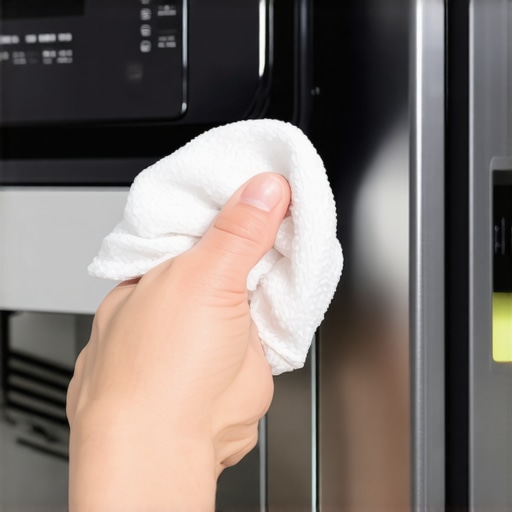 A person cleaning the detergent dispenser door of a dishwasher to remove sticky residue.