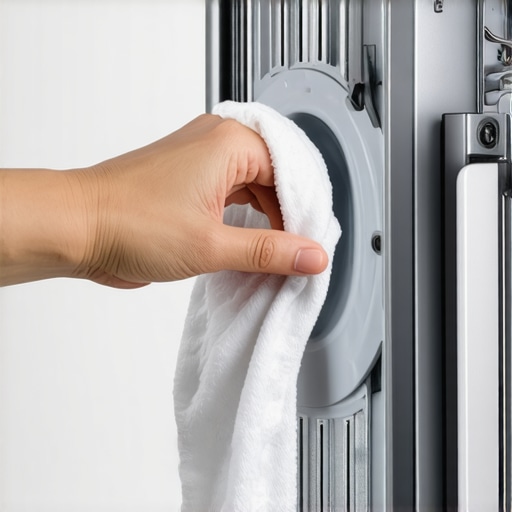Wiping residue from a dishwasher detergent door seal to prevent sticking.