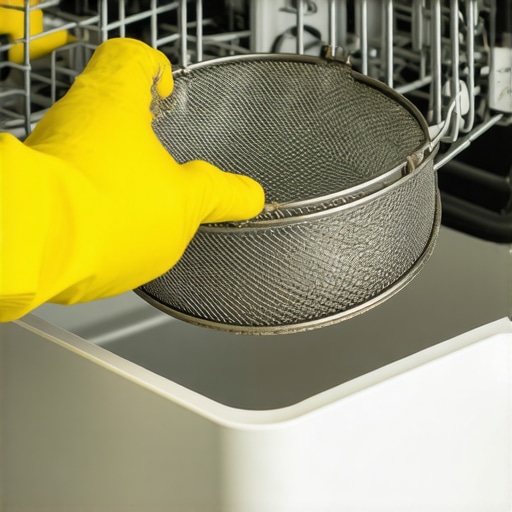 Close up of a hand removing a dishwasher filter for cleaning