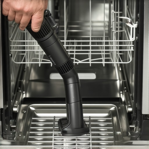 Using a shop vacuum to clear a blocked dishwasher impeller and sump area.
