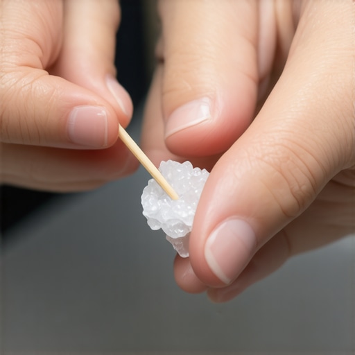 A hand using a toothpick to unclog a dishwasher spray arm nozzle.