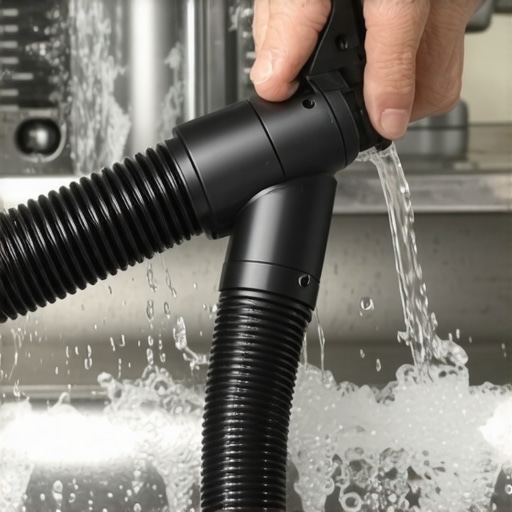 A person using a shop vacuum and a wet rag to create a seal and clear a clogged dishwasher air gap on a kitchen sink.