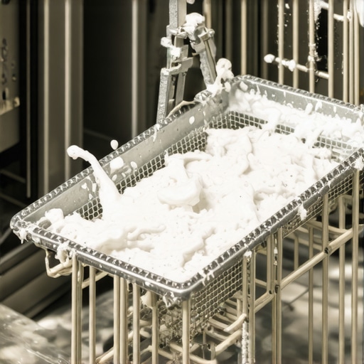 A dirty dishwasher filter showing waxy buildup from detergent pods and food particles.