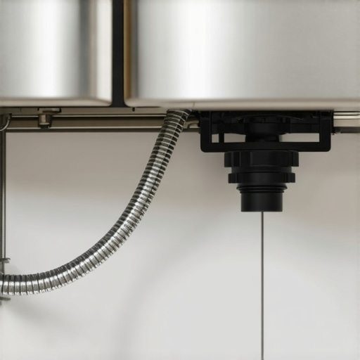 Correct high loop installation for dishwasher drain hose Close up of a dishwasher drain hose properly looped high under a kitchen sink to prevent backflow.