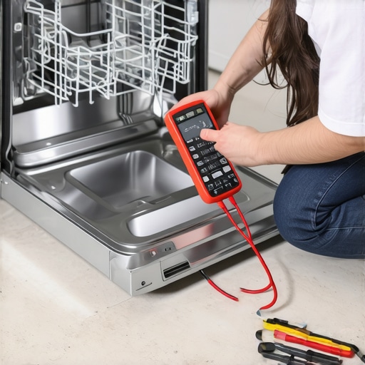 Testing a dishwasher heating element with a digital multimeter for continuity.