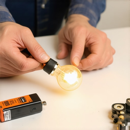 Testing a dishwasher thermal fuse with a battery and bulb to check for continuity.