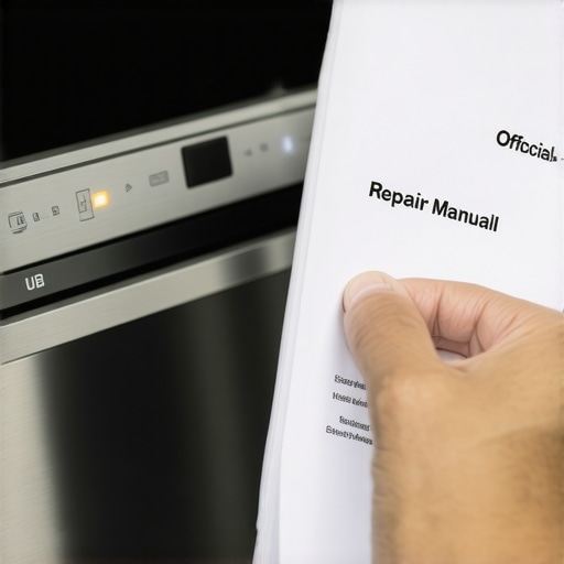 Close-up of blinking dishwasher error codes on a control panel with a repair manual in the background.