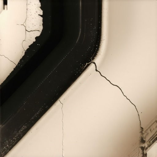 A close-up view of a cracked and worn rubber seal inside a dishwasher, illustrating damage from excessive chemical use.
