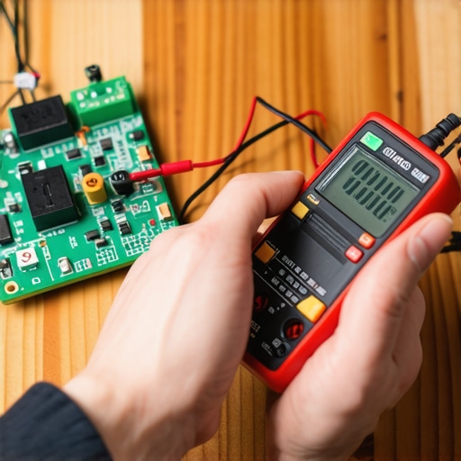 Close-up of a technician's hands using a multimeter to test a dishwasher's main control board for surge damage.