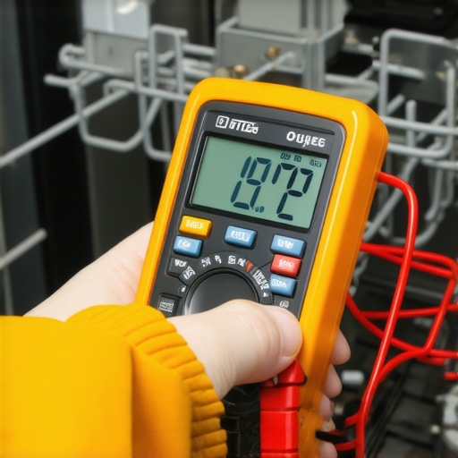 Using a multimeter to diagnose dishwasher electrical components during maintenance.