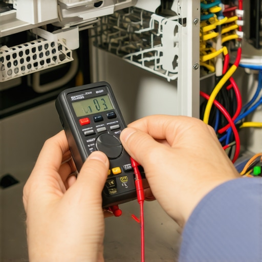 A person uses a digital multimeter to test a dishwasher heating element for electrical continuity.