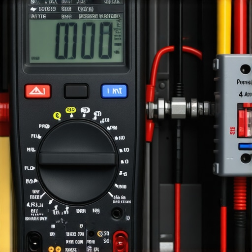 A technician using a multimeter to test a dishwasher component for electrical continuity.