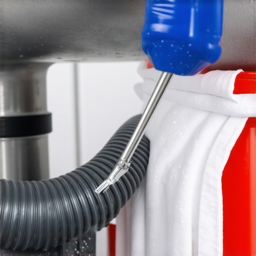 Hands using a screwdriver to loosen a hose clamp on a flexible dishwasher drain line under a kitchen sink.