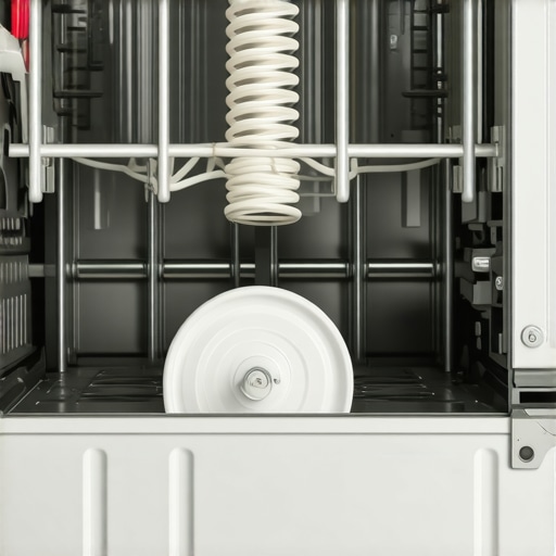 Dishwasher Door Tension Cable and Spring Assembly A detailed view of the dishwasher door balance system including the spring, cable, and pulley.