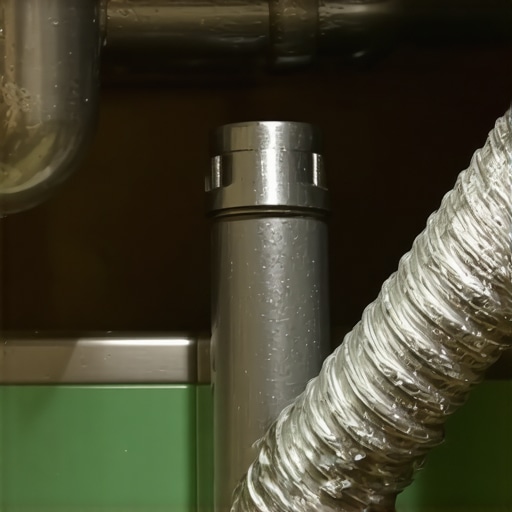 A detailed shot of a dishwasher drain line connected to a garbage disposal unit under a kitchen sink.