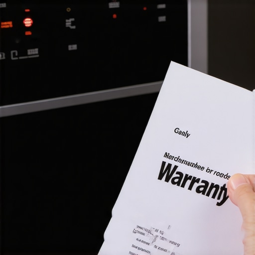 A modern dishwasher displaying an error code next to a homeowner holding a warranty contract.