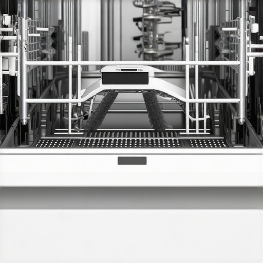 A detailed view of a dishwasher's lower spray arm and sump filter area.