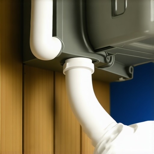 Close up of a dishwasher drain hose connected to a garbage disposal unit under a kitchen sink
