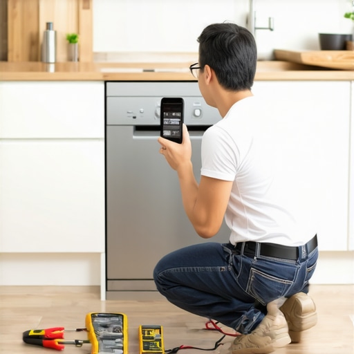 A homeowner recording a dishwasher error code and using a multimeter for diagnostics.