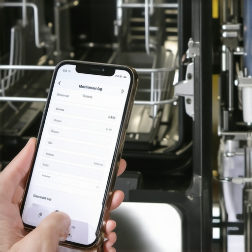 A smartphone showing a digital maintenance log next to a clean dishwasher to help secure a warranty claim.