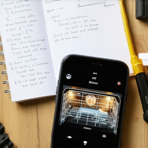 A smartphone screen showing an error video next to repair notes on a kitchen counter.