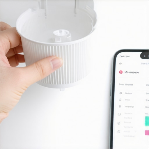 A clean dishwasher filter held next to a phone log for warranty proof.
