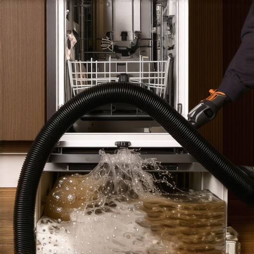 A person using a shop vacuum to clear standing water from a dishwasher's drain area.