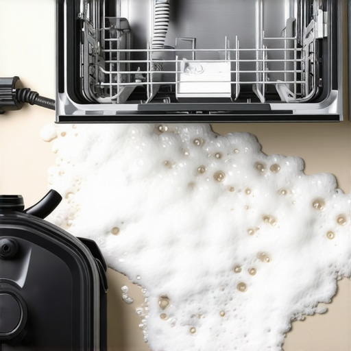 Dishwasher overflowing with suds onto a kitchen floor being cleaned with a vacuum