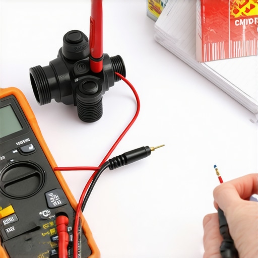 Homeowner testing a dishwasher solenoid with a multimeter to diagnose a failure.