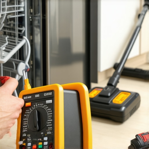 Technician using a multimeter to test dishwasher continuity with a thermal camera nearby
