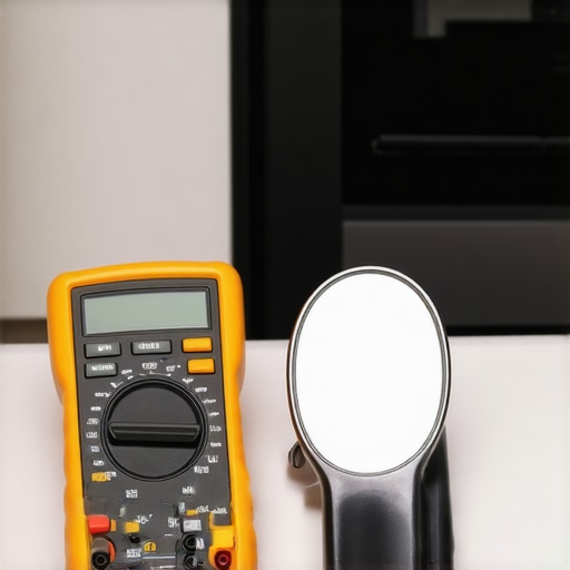 A digital multimeter and inspection mirror used for diagnosing dishwasher warranty issues.