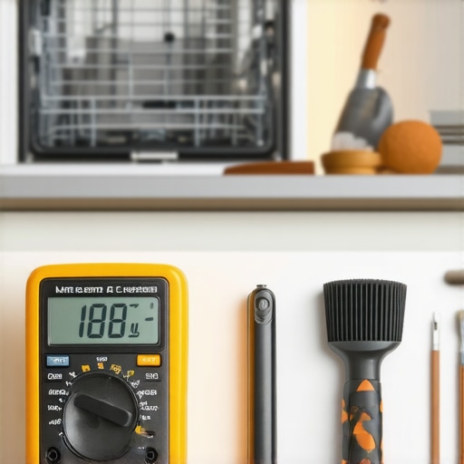 A collection of tools including a multimeter and screwdriver for dishwasher repair.