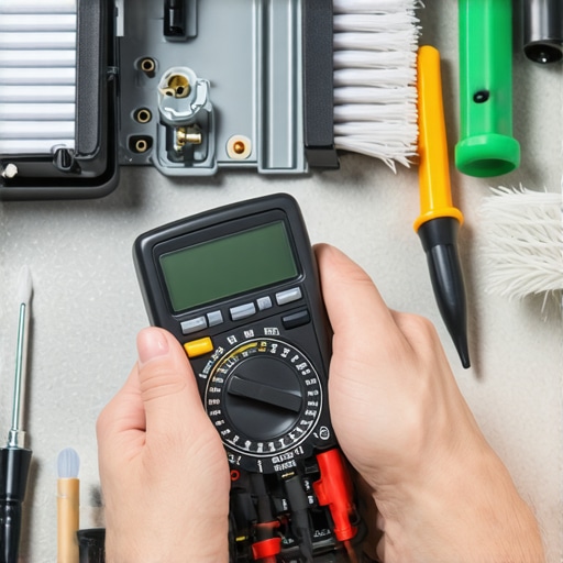 A homeowner using a multimeter to diagnose a dishwasher component.
