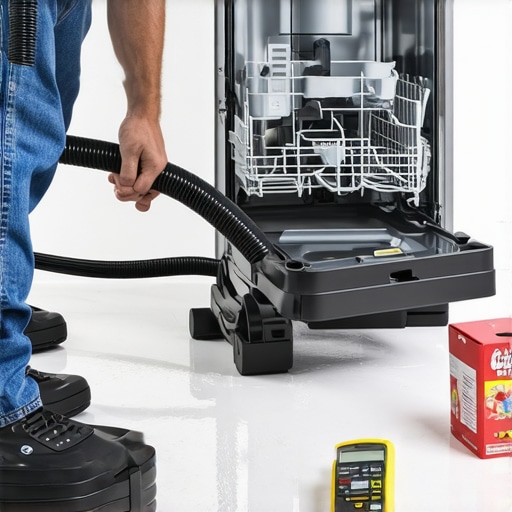 Essential Tools for DIY Dishwasher Maintenance A homeowner using a shop vac and diagnostic tools to maintain a modern dishwasher.