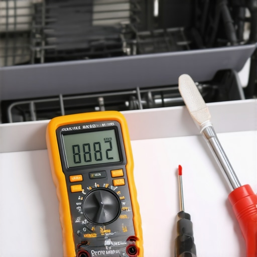 Multimeter testing dishwasher components with needle probes near a kickplate