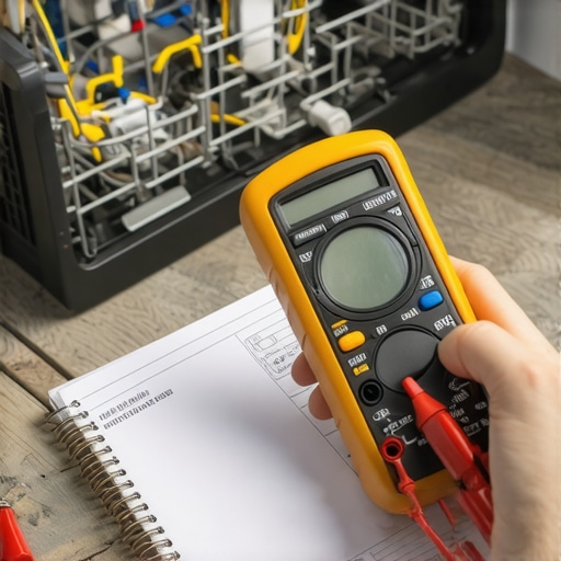 A digital multimeter testing a dishwasher circuit board for maintenance.