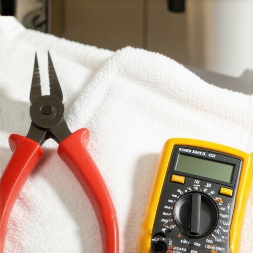 Essential Tools for Dishwasher Door Repair Digital multimeter and long reach pliers on a kitchen floor for dishwasher maintenance.
