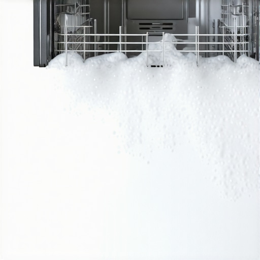 A dishwasher overflowing with thick white foam onto a kitchen floor due to over-sudsing.