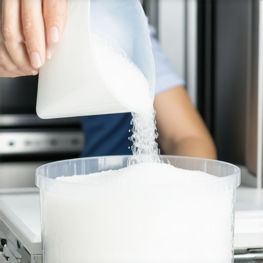 A hand using a funnel to pour dishwasher salt into the bottom reservoir to soften hard water.