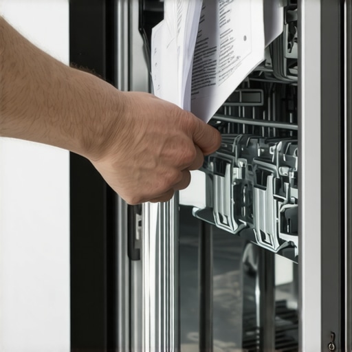 A person locating the technical data sheet behind a dishwasher kickplate for DIY diagnostics.