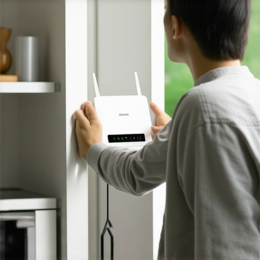 Fixing smart dishwasher Wi-Fi issues A person adjusting a router to improve the kitchen Wi-Fi signal for a smart dishwasher.