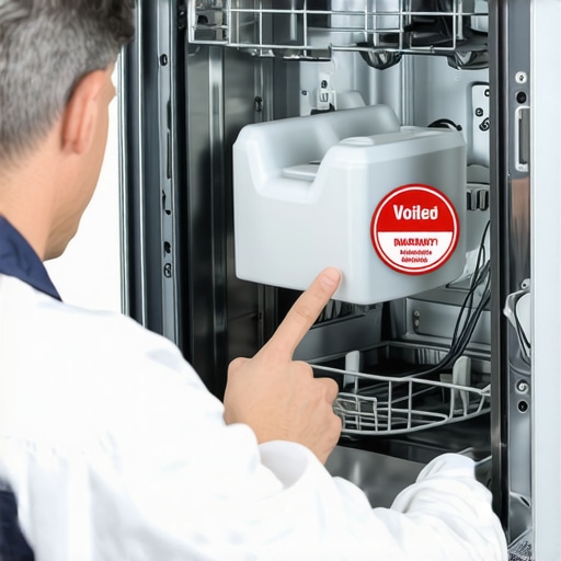 Technician inspecting a dishwasher with third party parts that void the warranty