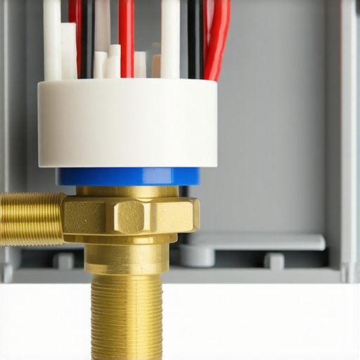 Close-up of a dishwasher water inlet valve with brass fittings and electrical connections.