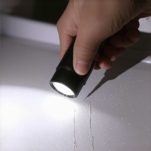 Inspecting a cracked dishwasher tub with a flashlight Close up of a hairline crack in a plastic dishwasher tub being inspected for leaks