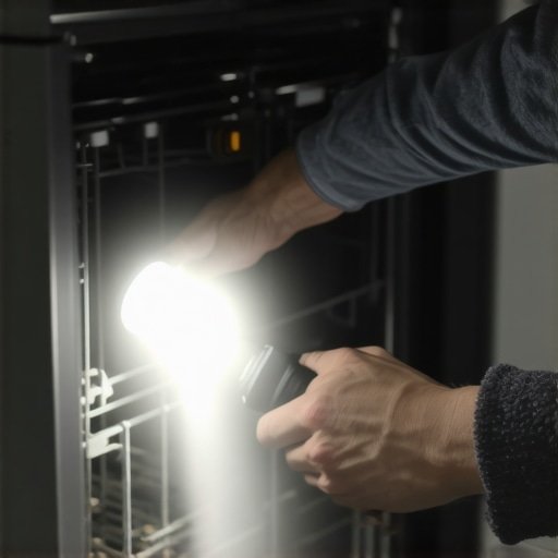 Close-up of a person using a flashlight to find gaps in a dishwasher door seal