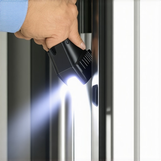 Close-up of a flashlight illuminating a worn dishwasher door gasket