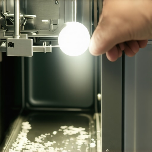 Close up of a leaky dishwasher sump gasket with white mineral deposits