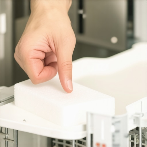 Inspecting the Dishwasher Anti-Flood Float Switch A hand pointing at the styrofoam float sensor in the base pan of a dishwasher.