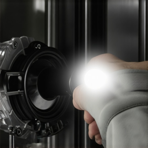 Close-up of a hand checking a dishwasher impeller with a flashlight.